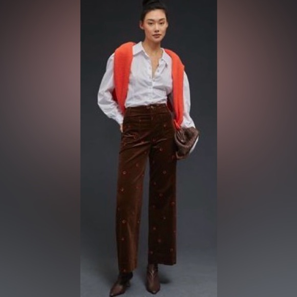 Anthropologie Brown with orange horse shoes Wide Leg Pants 32 Tall